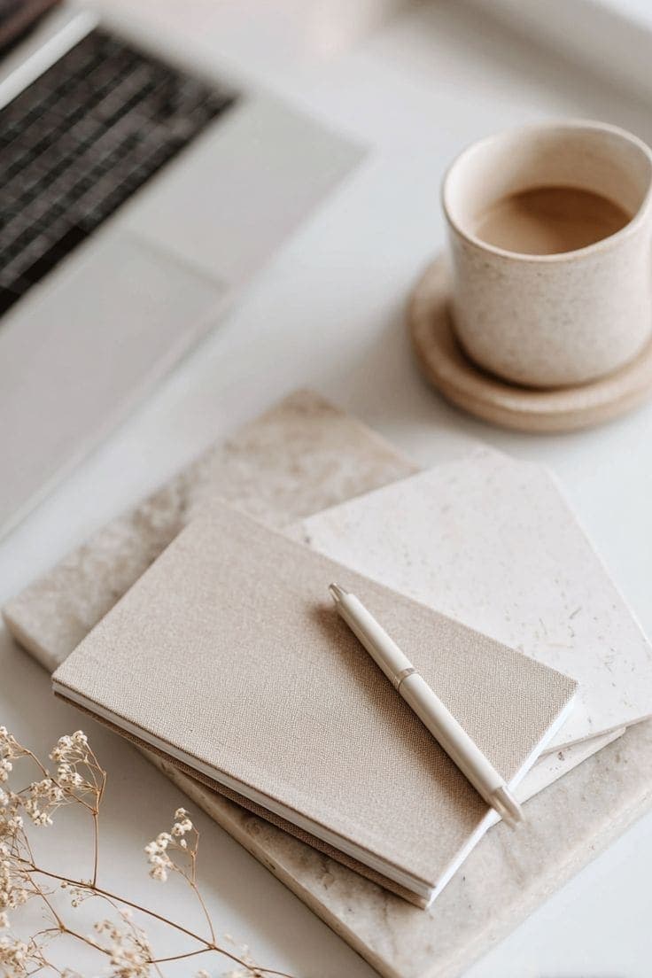 Cosy desk with books, glasses, and a cup of coffee